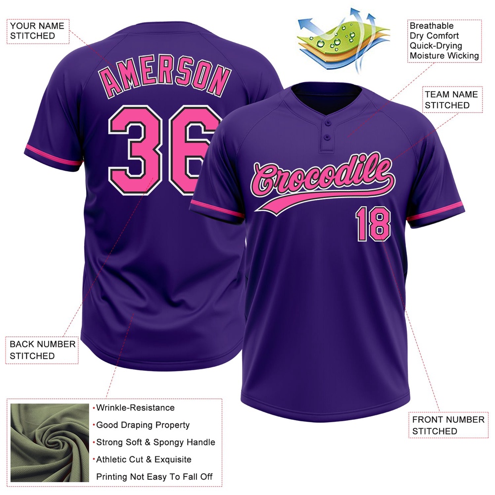 Purple Pink Black Two Button Unisex Softball Jersey, Custom Team Softball Jersey