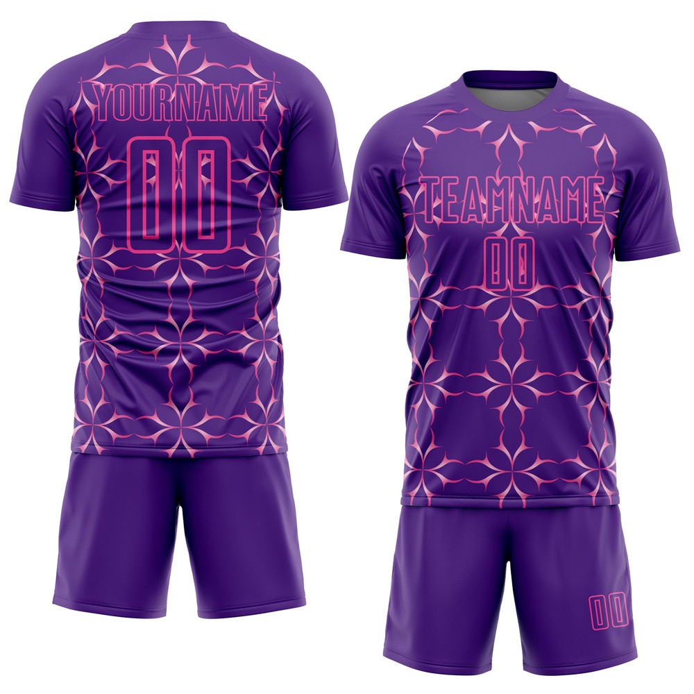 Purple Pink Damask Pattern Sublimation Soccer Uniform Jersey, Custom Team Soccer Jersey Shirt