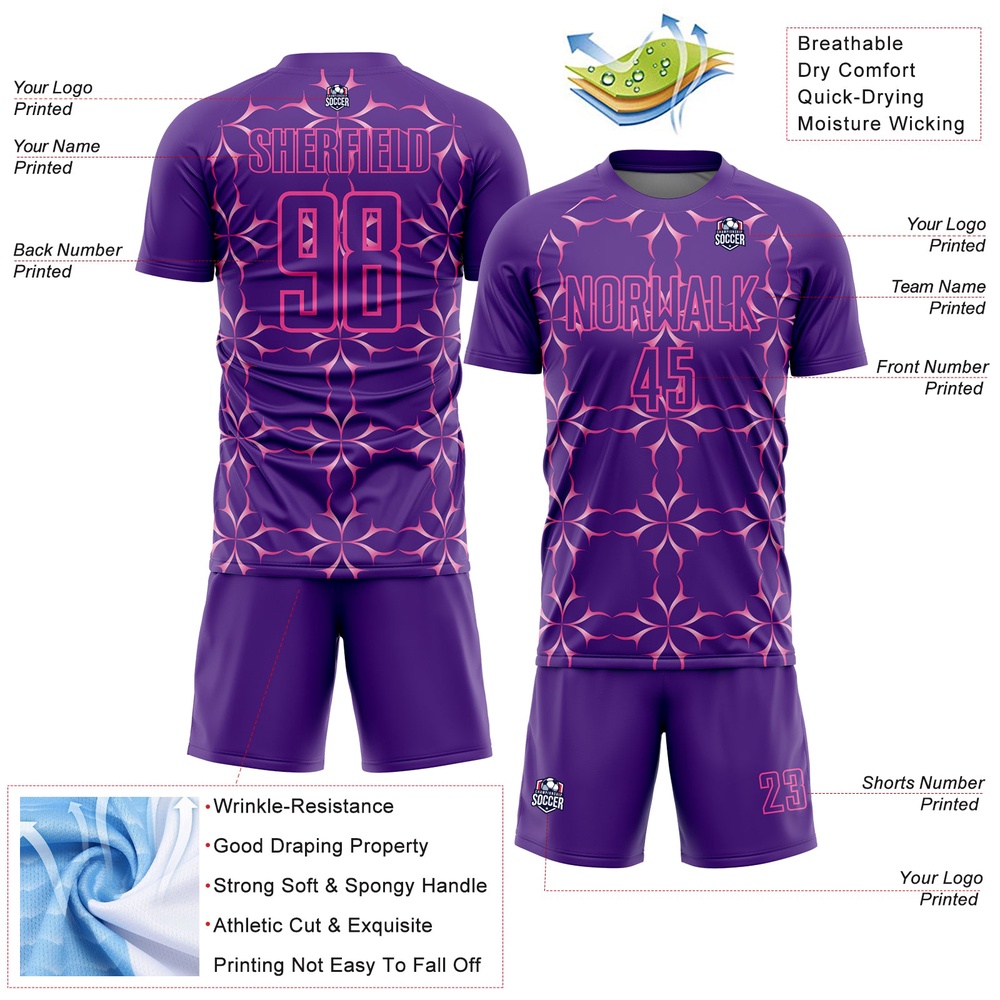 Purple Pink Damask Pattern Sublimation Soccer Uniform Jersey, Custom Team Soccer Jersey Shirt