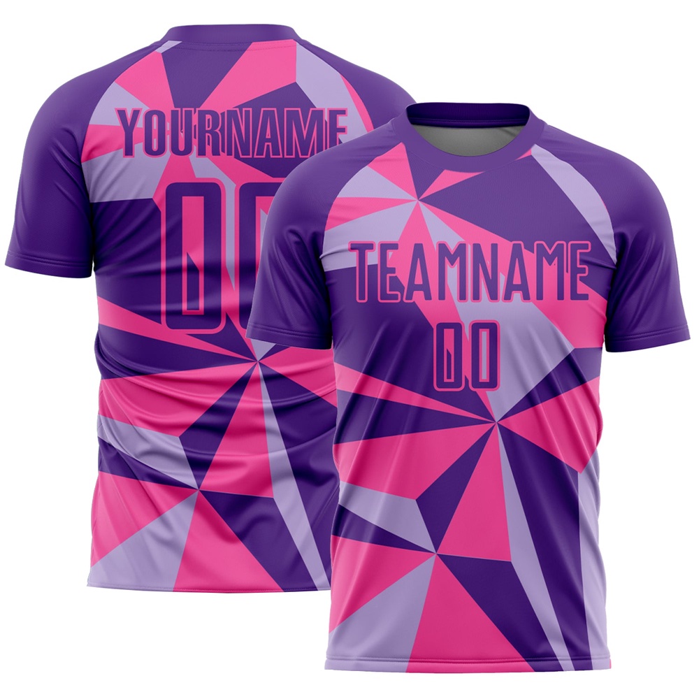 Purple Pink Geometric Pattern Sublimation Soccer Uniform Jersey, Custom Team Soccer Jersey Shirt