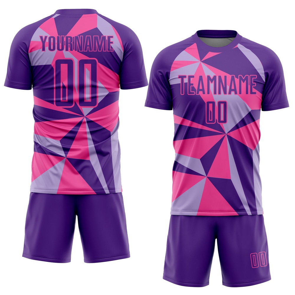 Purple Pink Geometric Pattern Sublimation Soccer Uniform Jersey, Custom Team Soccer Jersey Shirt