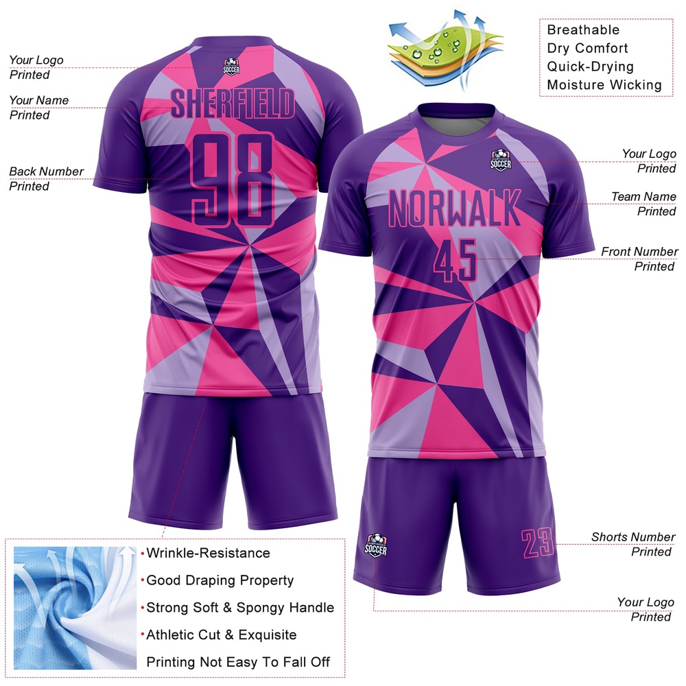 Purple Pink Geometric Pattern Sublimation Soccer Uniform Jersey, Custom Team Soccer Jersey Shirt