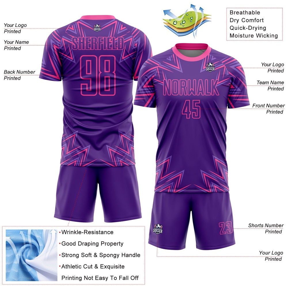 Purple Pink Geometric Shapes Sublimation Soccer Uniform Jersey, Custom Team Soccer Jersey Shirt