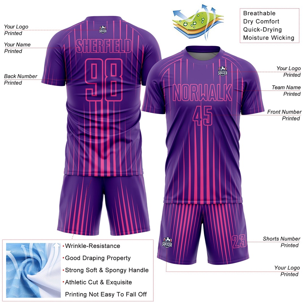 Purple Pink Lines Sublimation Soccer Uniform Jersey, Custom Team Soccer Jersey Shirt