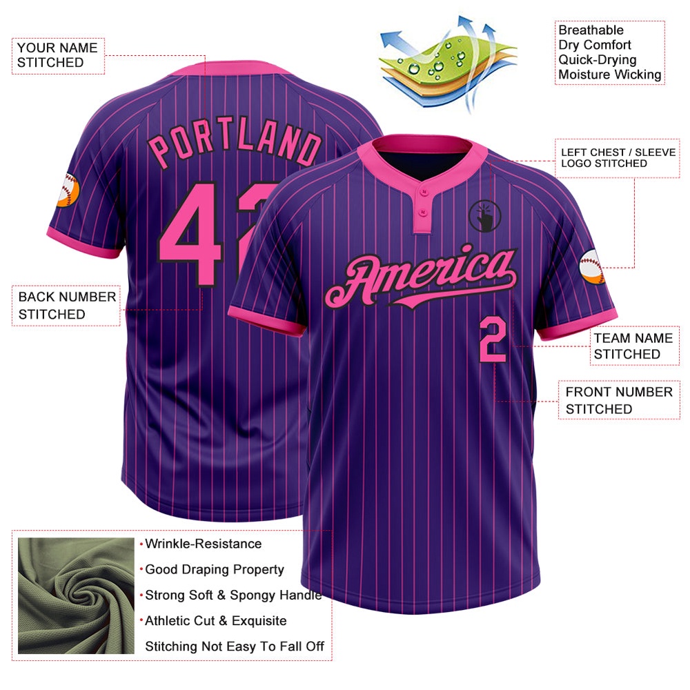 Purple Pink Pinstripe Black Two Button Unisex Softball Jersey, Custom Team Softball Jersey