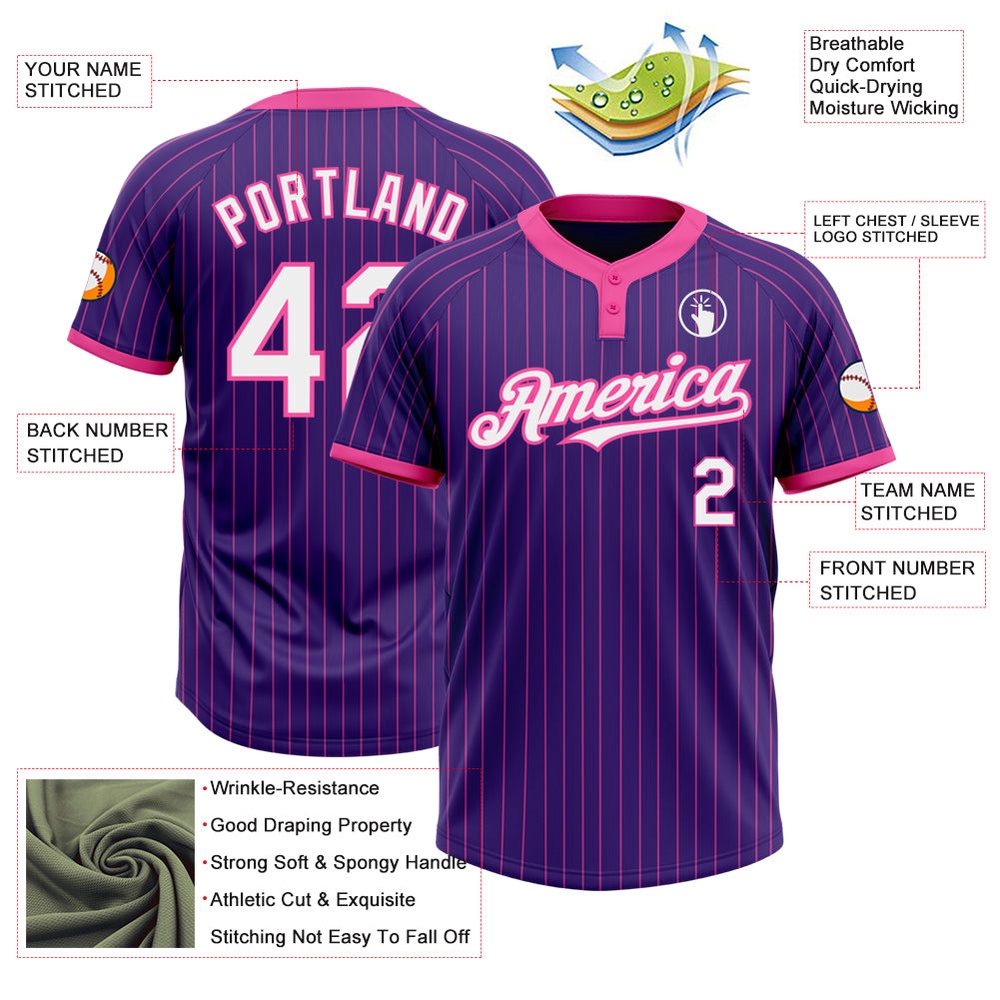 Purple Pink Pinstripe White Two Button Unisex Softball Jersey, Custom Team Softball Jersey