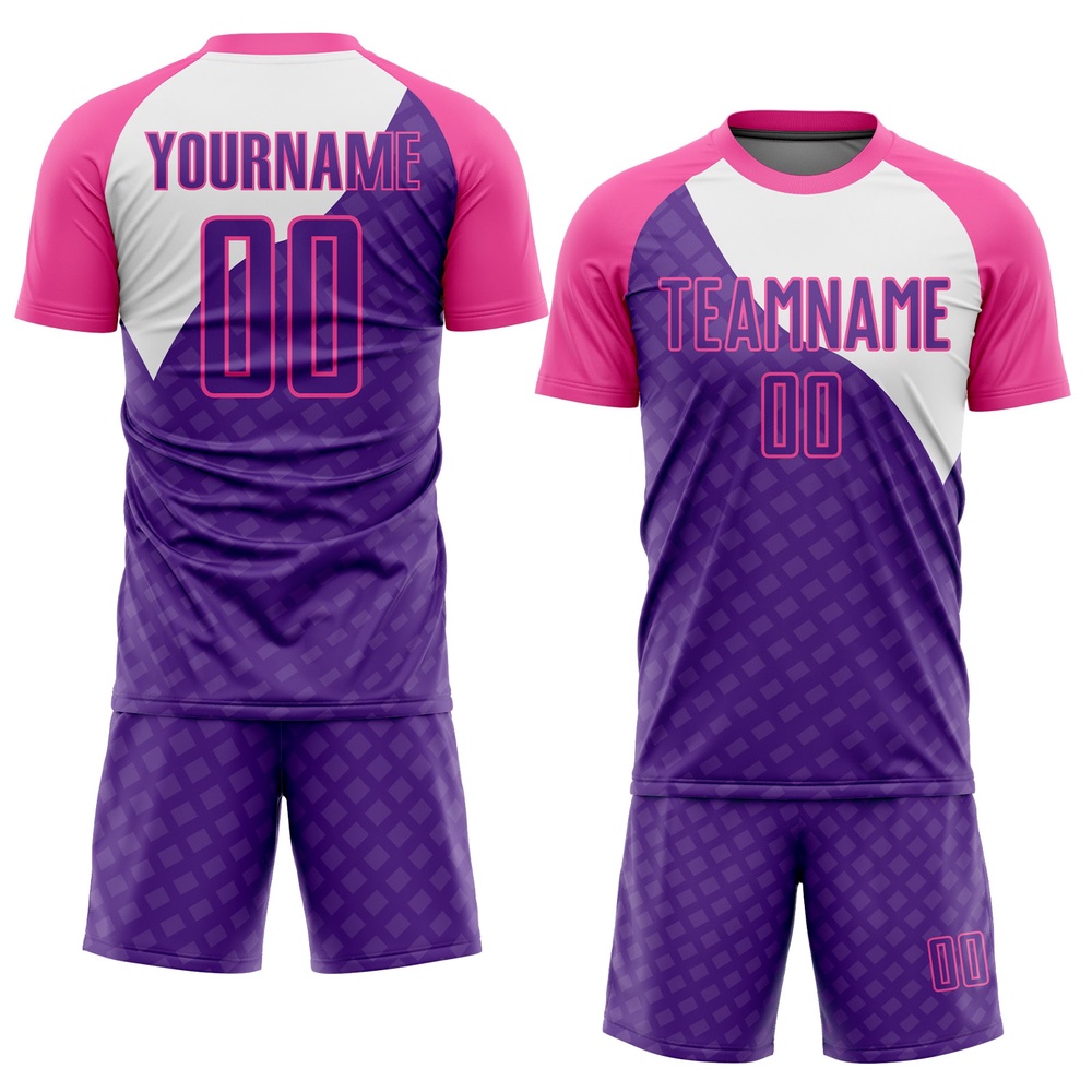 Purple Pink White Curve Lines Sublimation Soccer Uniform Jersey, Custom Team Soccer Jersey Shirt