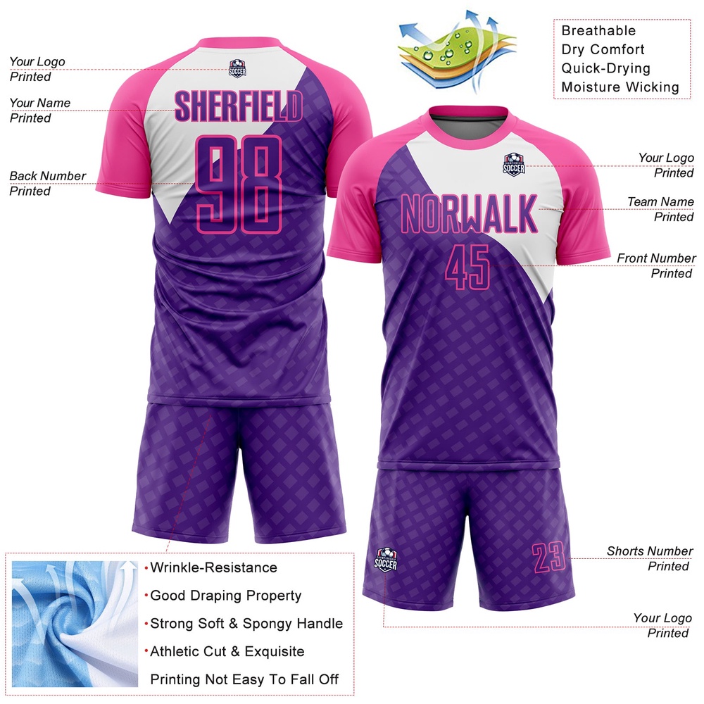 Purple Pink White Curve Lines Sublimation Soccer Uniform Jersey, Custom Team Soccer Jersey Shirt
