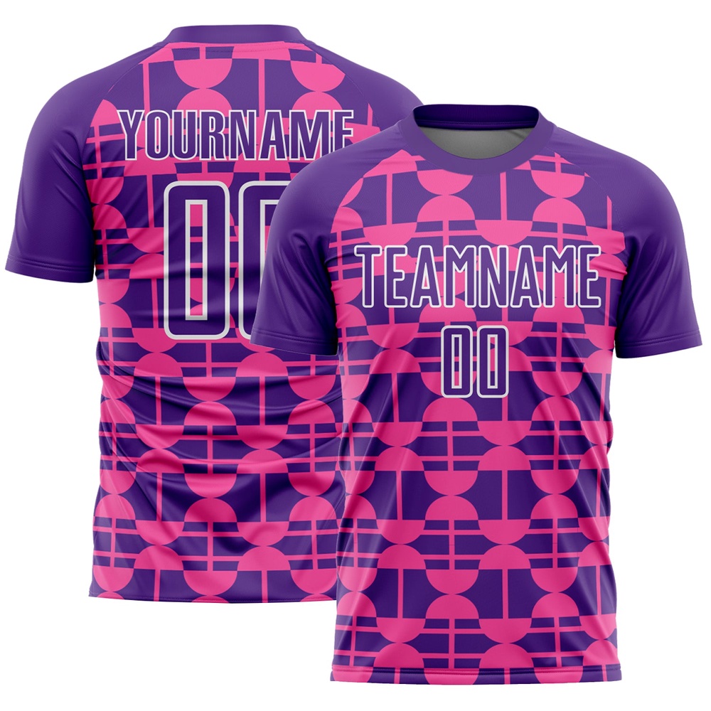 Purple Pink White Geometric Shapes Sublimation Soccer Uniform Jersey, Custom Team Soccer Jersey Shirt