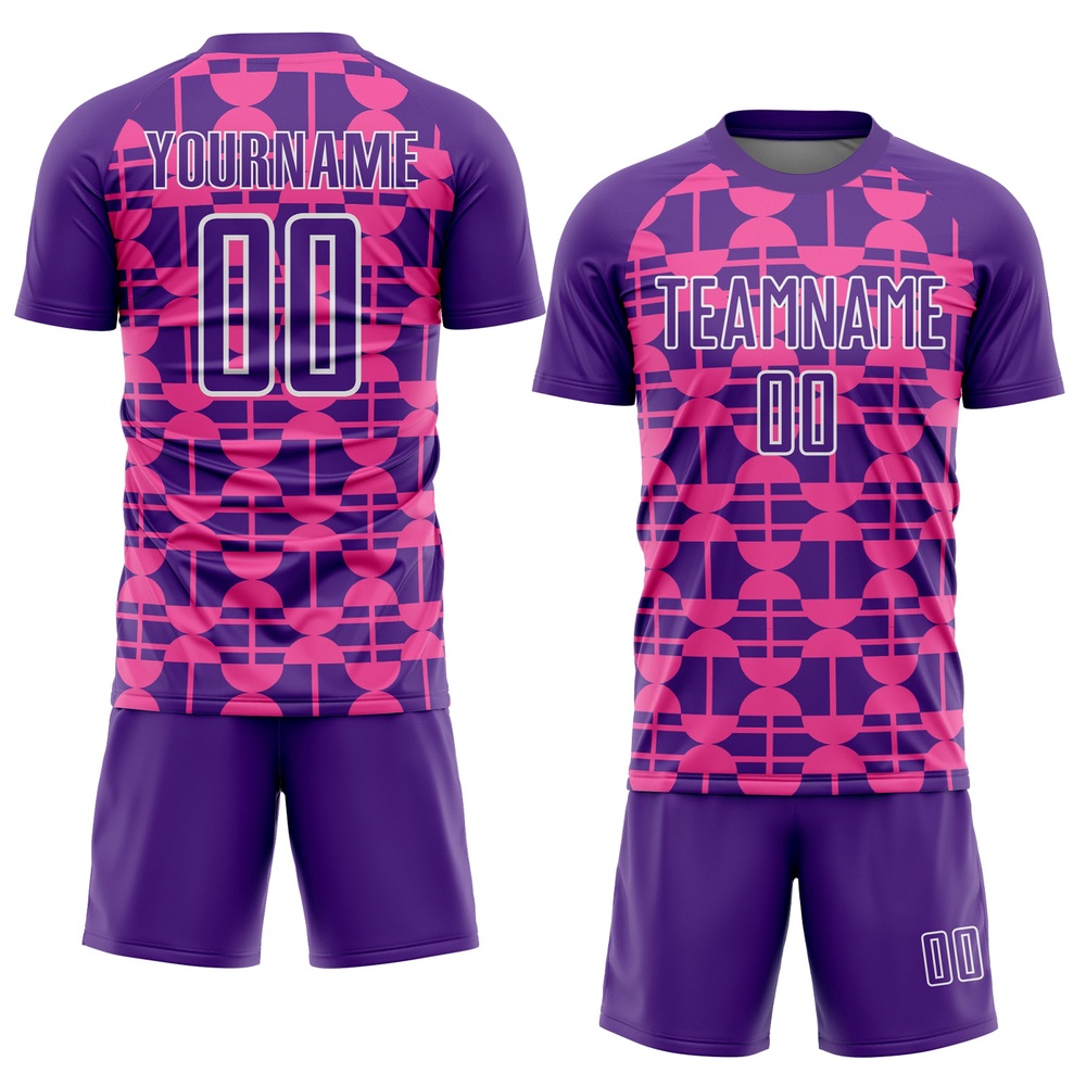 Purple Pink White Geometric Shapes Sublimation Soccer Uniform Jersey, Custom Team Soccer Jersey Shirt