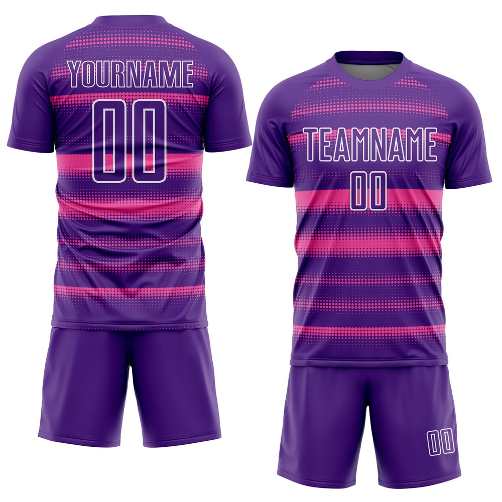 Purple Pink White Halftone Dots Sublimation Soccer Uniform Jersey, Custom Team Soccer Jersey Shirt