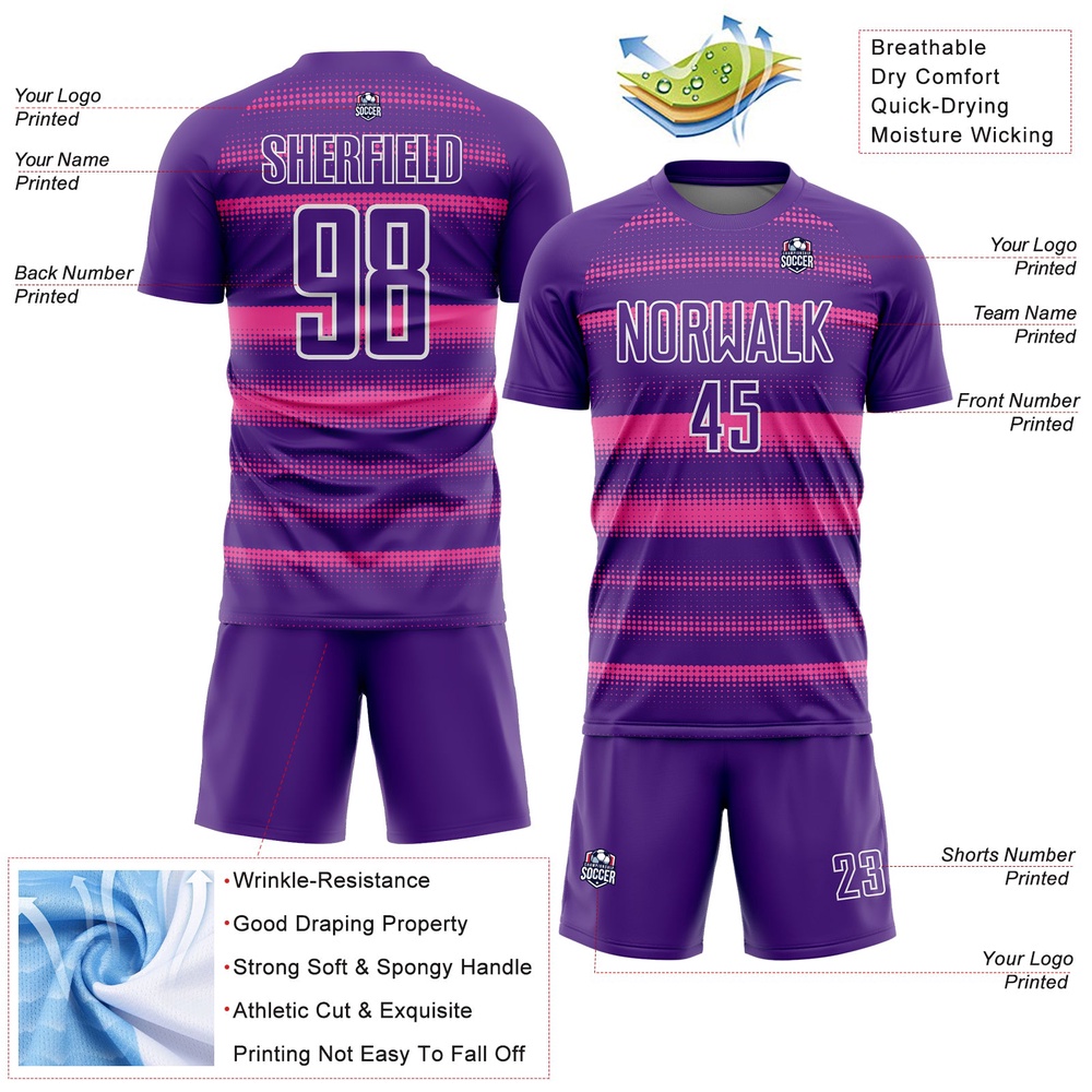 Purple Pink White Halftone Dots Sublimation Soccer Uniform Jersey, Custom Team Soccer Jersey Shirt