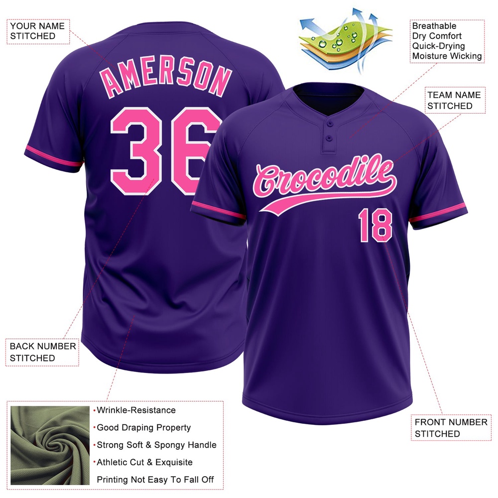 Purple Pink White Two Button Unisex Softball Jersey, Custom Team Softball Jersey