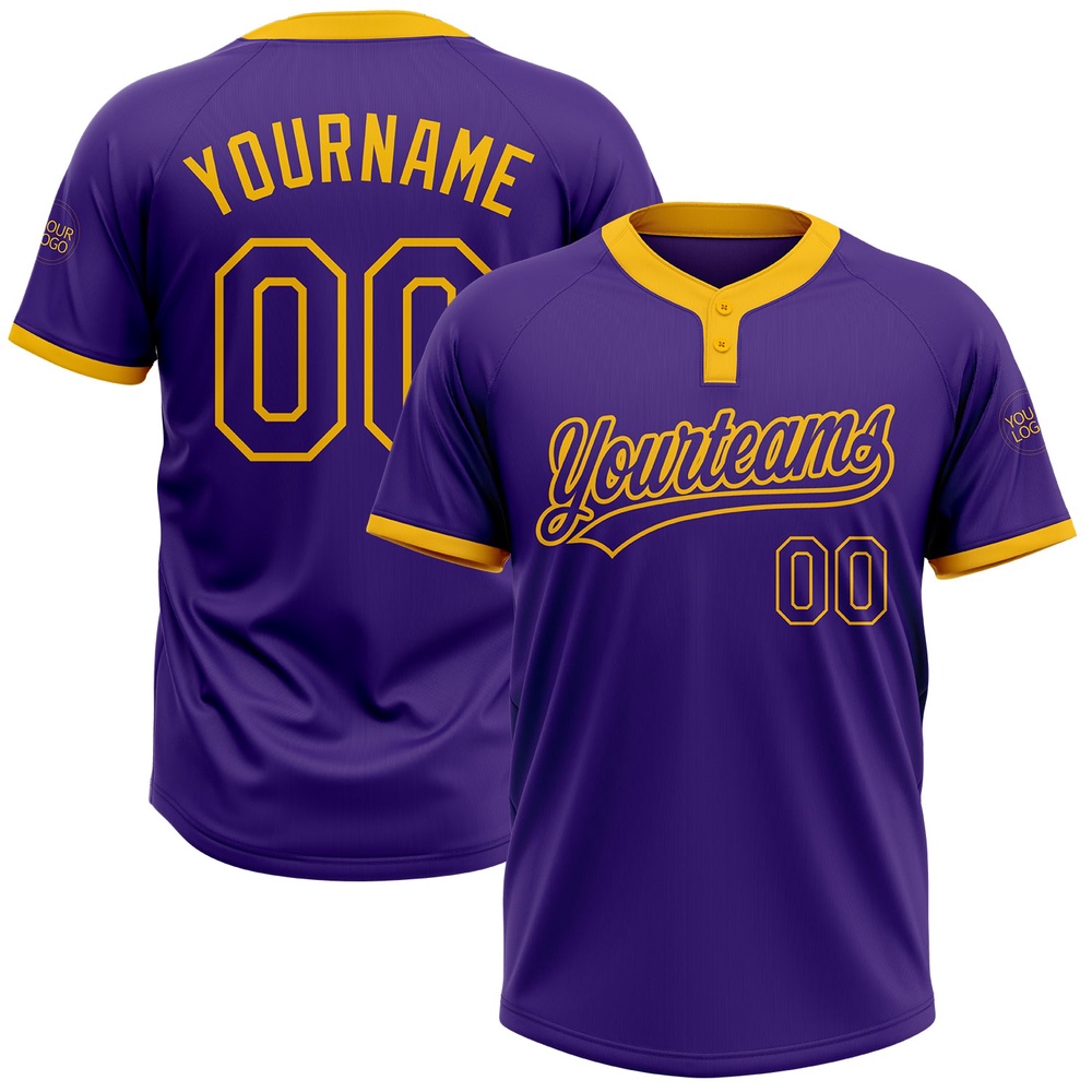 Purple Purple Gold Two Button Unisex Softball Jersey, Custom Team Softball Jersey