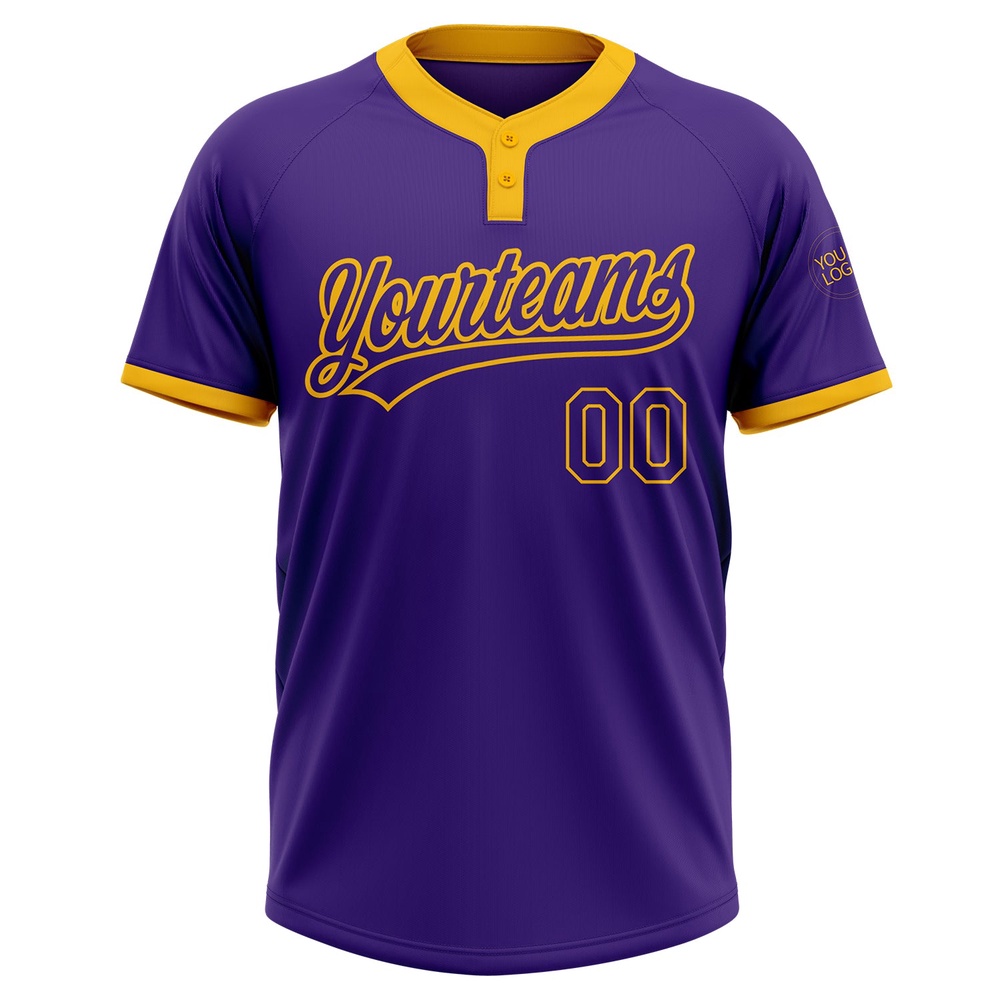 Purple Purple Gold Two Button Unisex Softball Jersey, Custom Team Softball Jersey