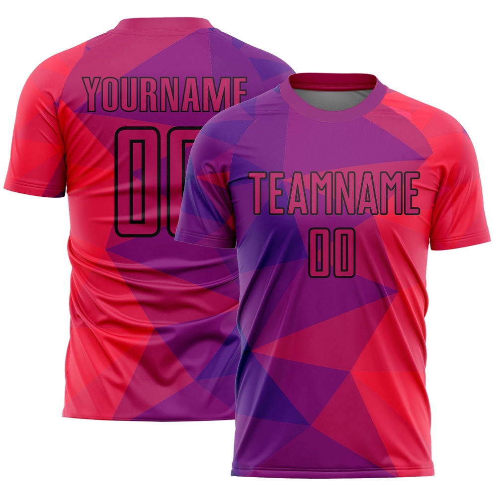 Purple Red Black Geometric Shapes Sublimation Soccer Uniform Jersey, Custom Team Soccer Jersey Shirt