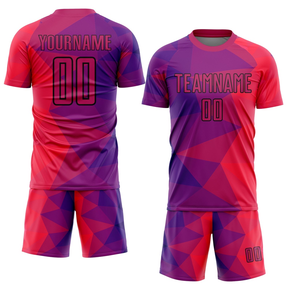Purple Red Black Geometric Shapes Sublimation Soccer Uniform Jersey, Custom Team Soccer Jersey Shirt