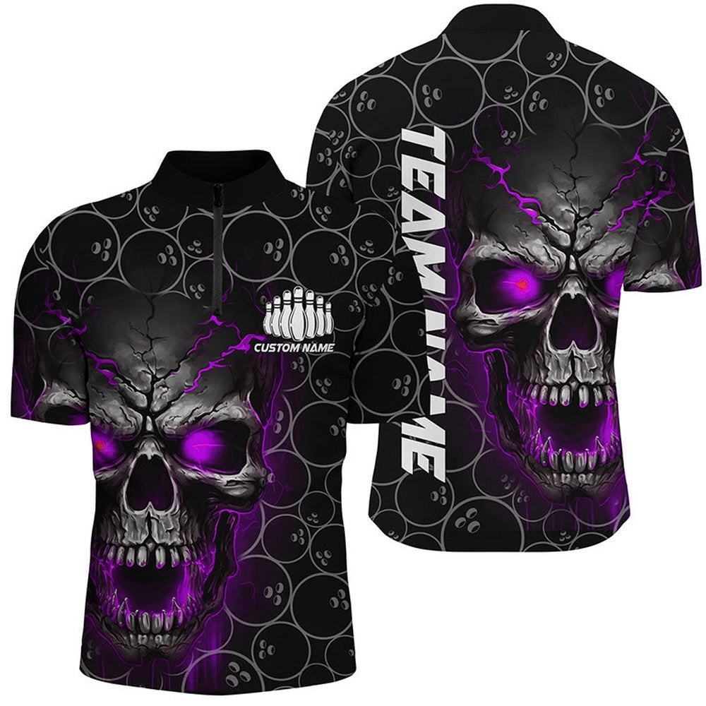 Purple Skull Bowling Jersey For Men, Bowling Pattern Bowling Team Jersey, Custom Bowling Team Jersey Shirt