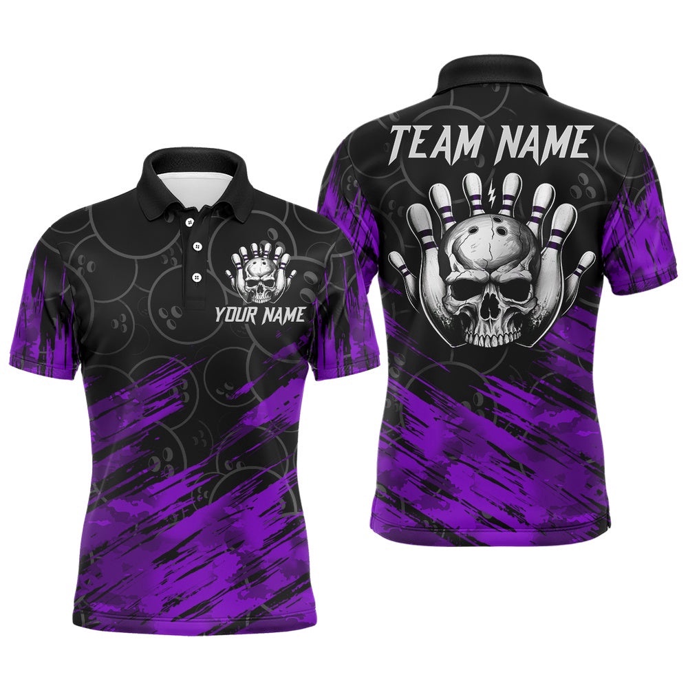 Purple Skull Bowling Polo Shirt For Men & Women Custom Funny Bowling Team Polo Shirt, Personalized Bowling Team Shirt