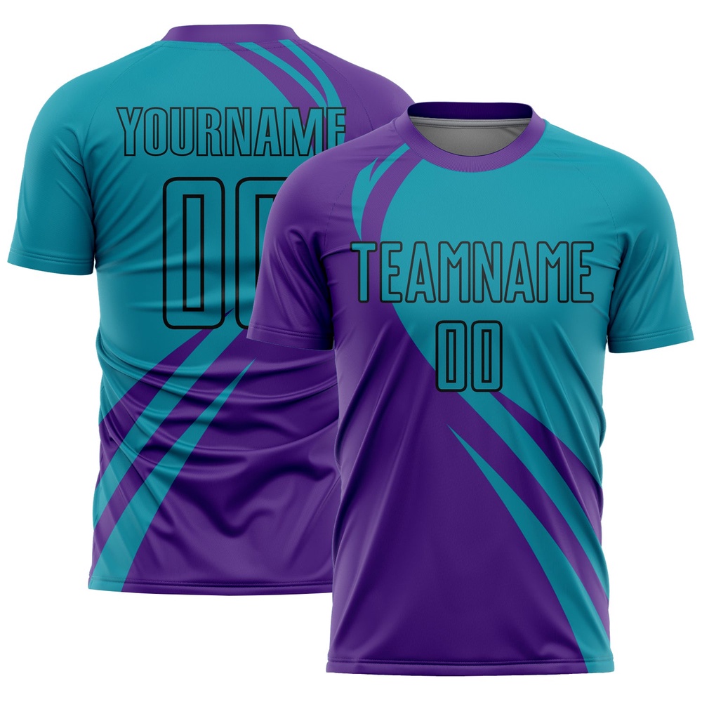 Purple Teal Black Curve Lines Sublimation Soccer Uniform Jersey, Custom Team Soccer Jersey Shirt