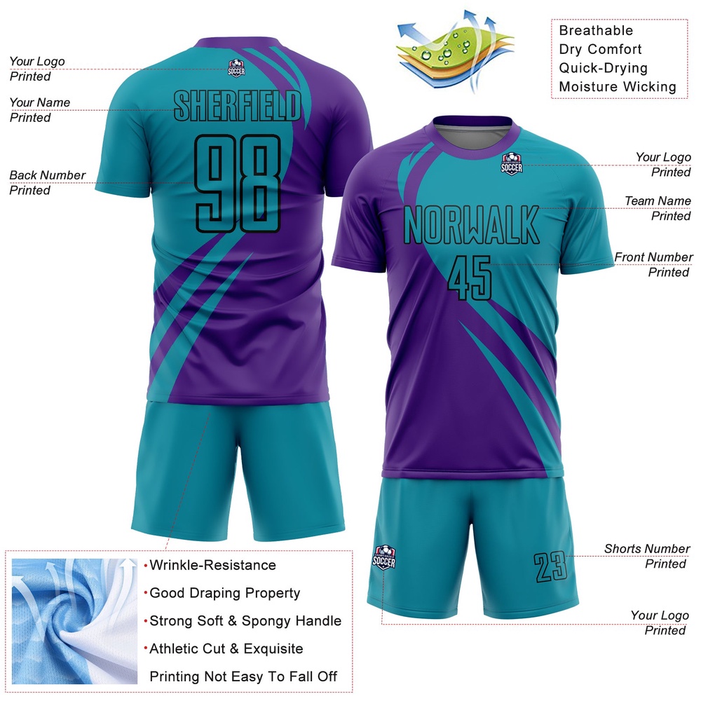 Purple Teal Black Curve Lines Sublimation Soccer Uniform Jersey, Custom Team Soccer Jersey Shirt