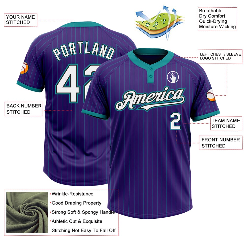 Purple Teal Pinstripe White Black Two Button Unisex Softball Jersey, Custom Team Softball Jersey
