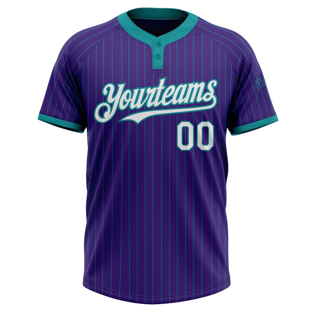 Purple Teal Pinstripe White Two Button Unisex Softball Jersey, Custom Team Softball Jersey