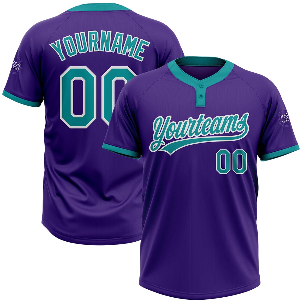 Purple Teal White Two Button Unisex Softball Jersey, Custom Team Softball Jersey