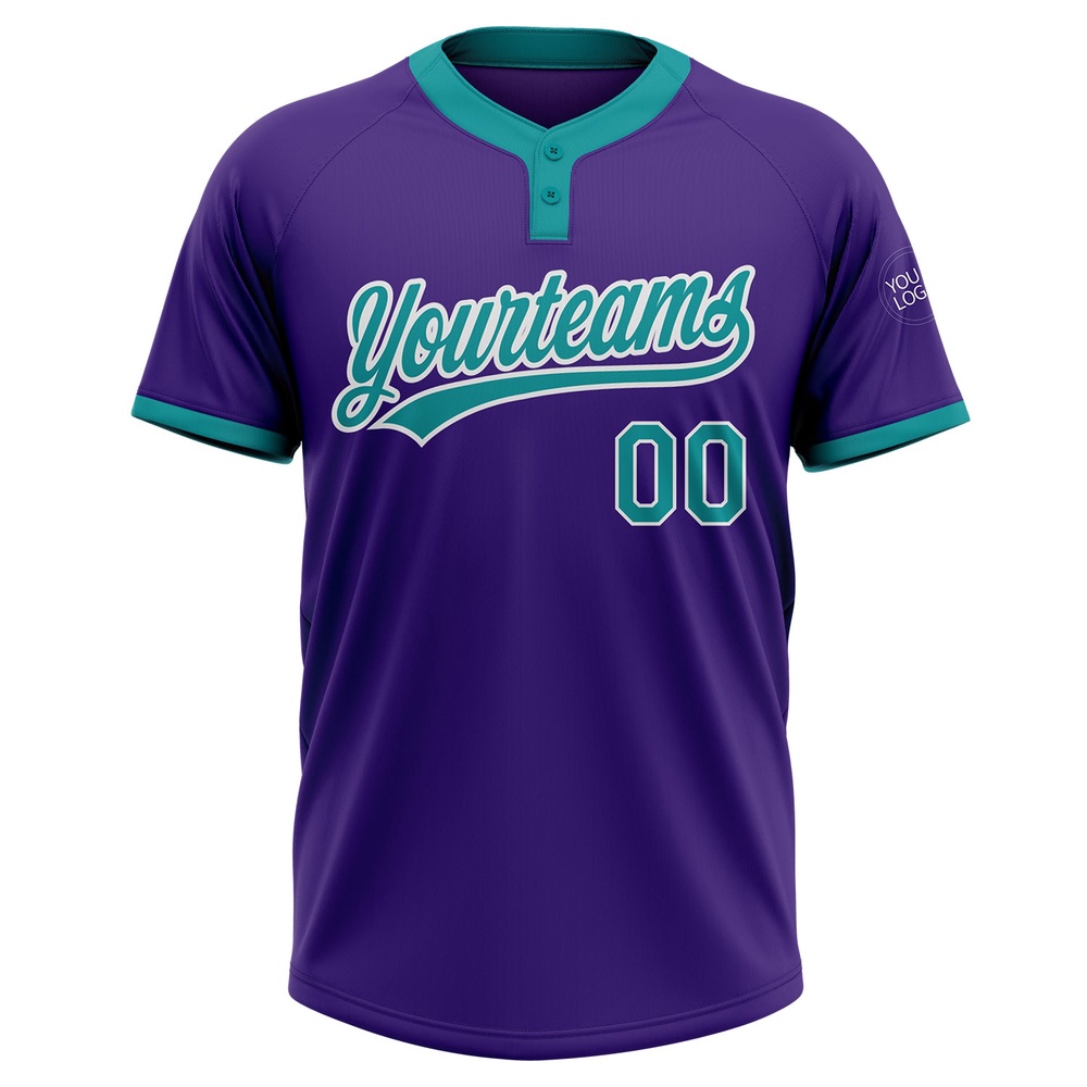 Purple Teal White Two Button Unisex Softball Jersey, Custom Team Softball Jersey