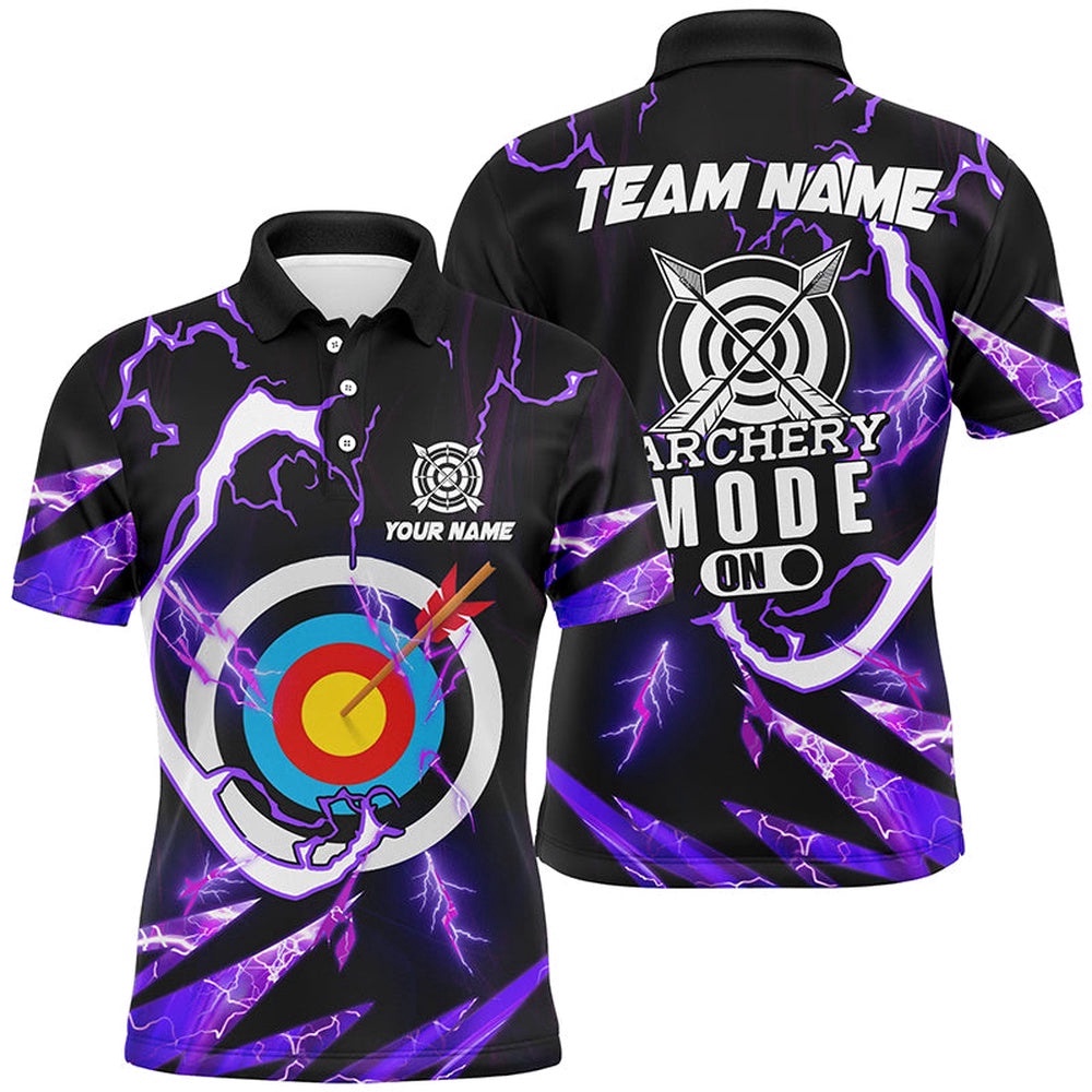 Purple Thunder Archery Mode On Men Polo Shirts, Custom Archery Polo Team Shirts, Custom Archery Team Polo Shirt