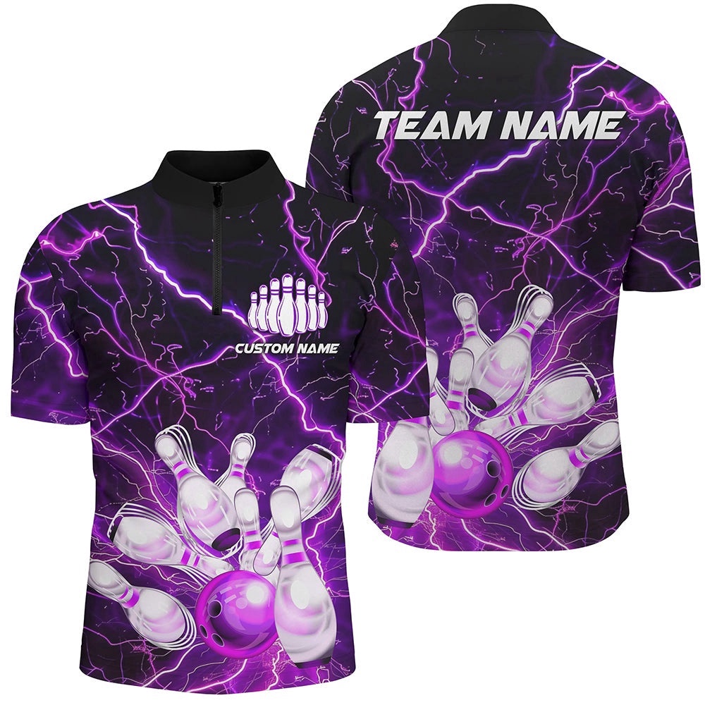 Purple Thunder Lightning Custom Strike Unisex Bowling Team Shirts, Unisex Bowling Polo Shirt, Personalized Bowling Team Shirt