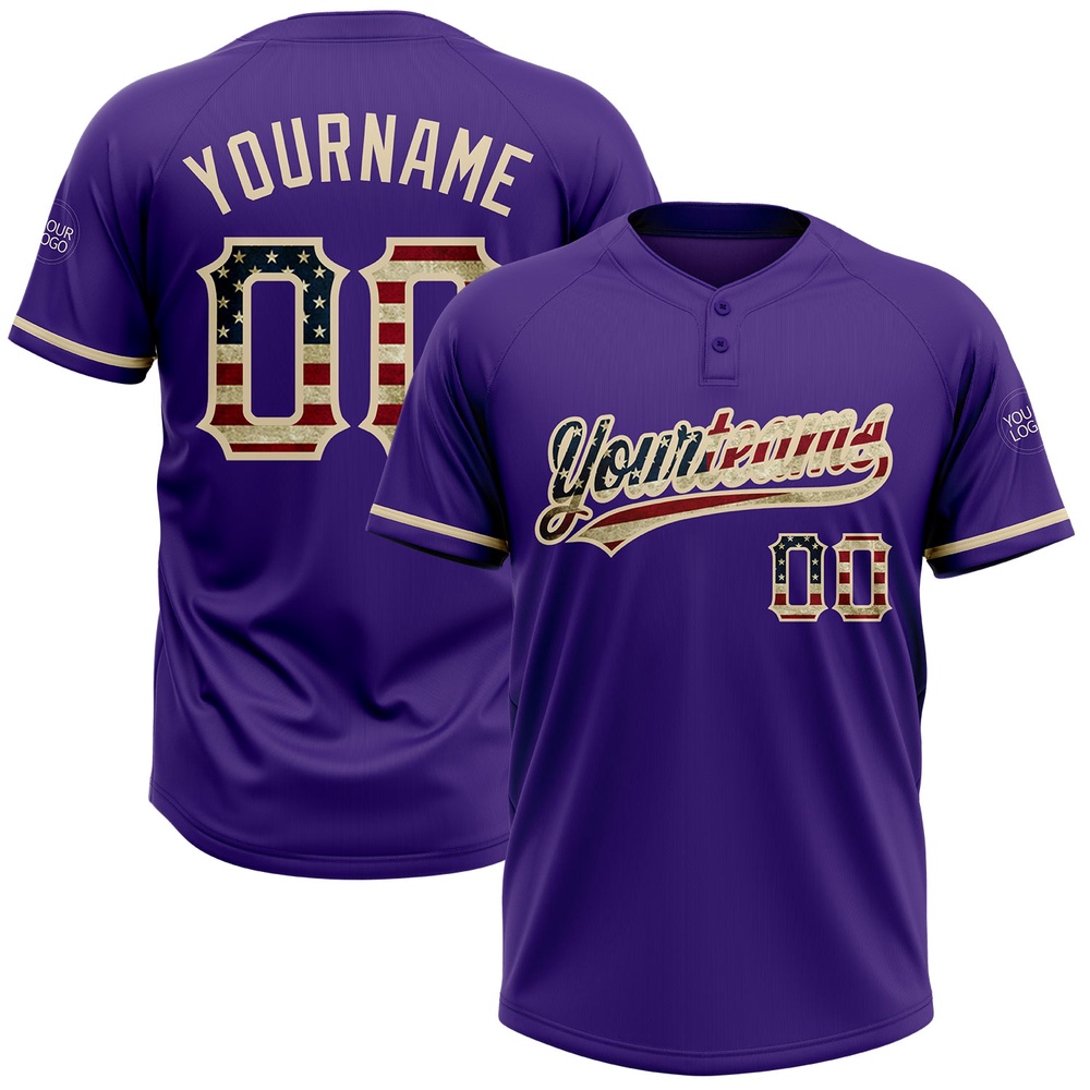 Purple Vintage USA Flag City Cream Two Button Unisex Softball Jersey, Custom Team Softball Jersey