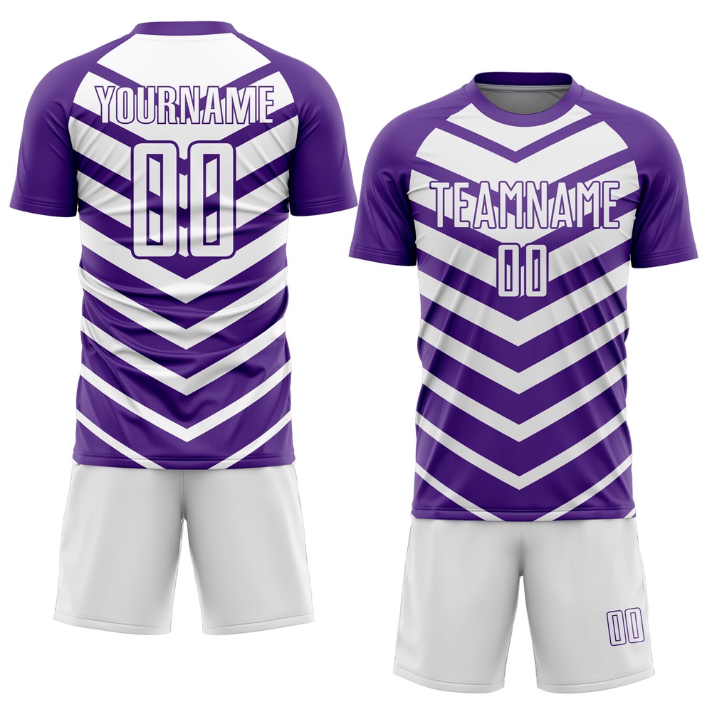 Purple White Arrow Shapes Sublimation Soccer Uniform Jersey, Custom Team Soccer Jersey Shirt