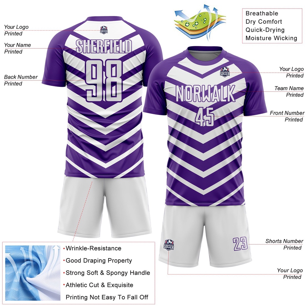 Purple White Arrow Shapes Sublimation Soccer Uniform Jersey, Custom Team Soccer Jersey Shirt