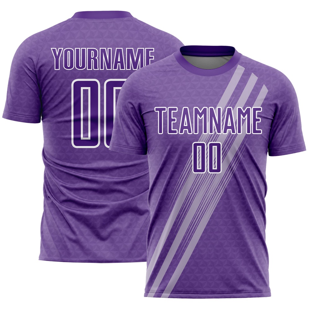 Purple White Diagonal Lines Sublimation Soccer Uniform Jersey, Custom Team Soccer Jersey Shirt