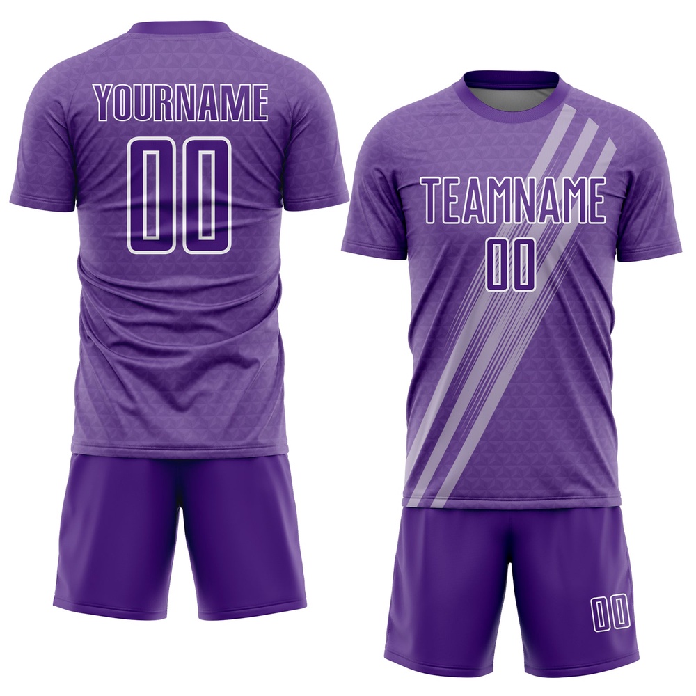 Purple White Diagonal Lines Sublimation Soccer Uniform Jersey, Custom Team Soccer Jersey Shirt