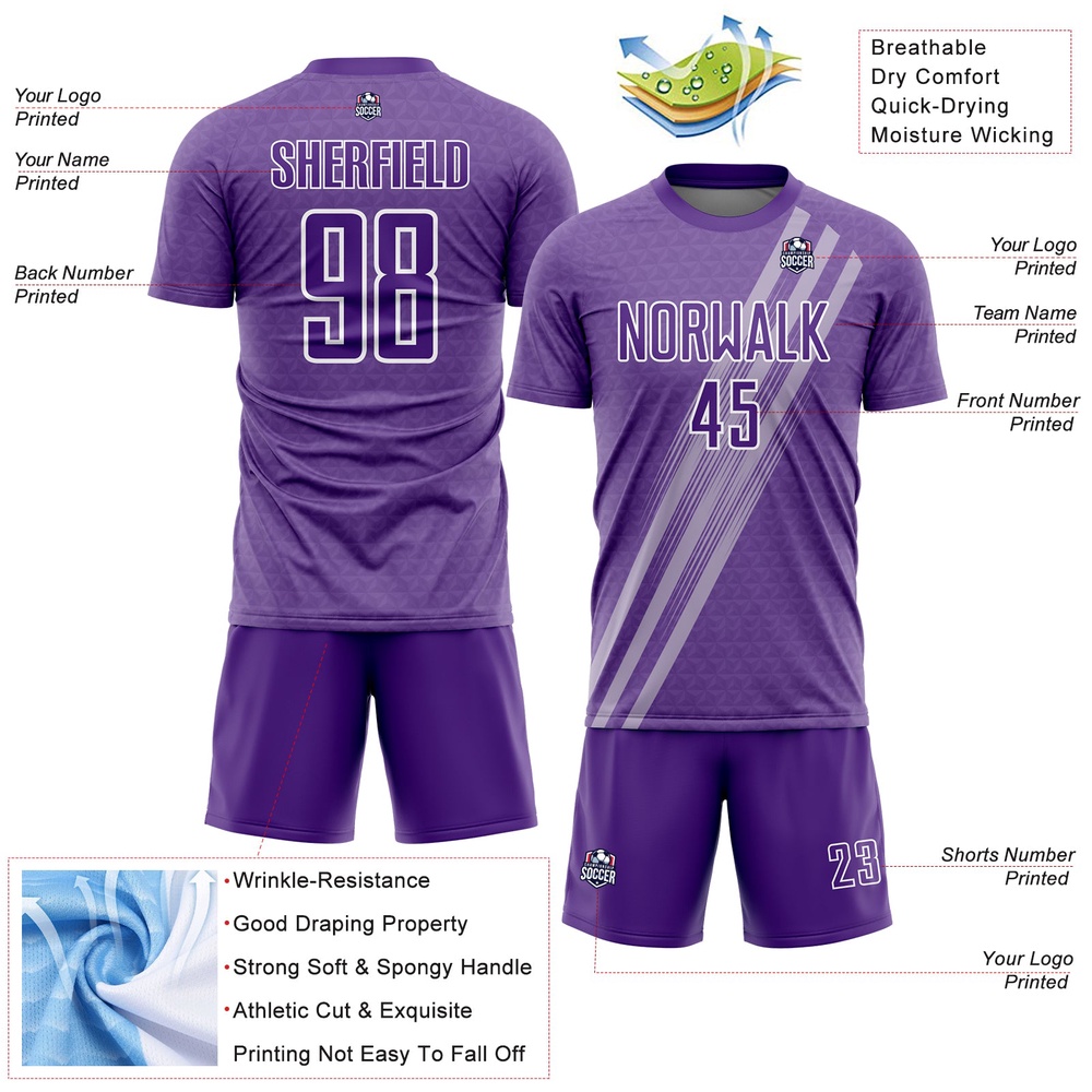 Purple White Diagonal Lines Sublimation Soccer Uniform Jersey, Custom Team Soccer Jersey Shirt