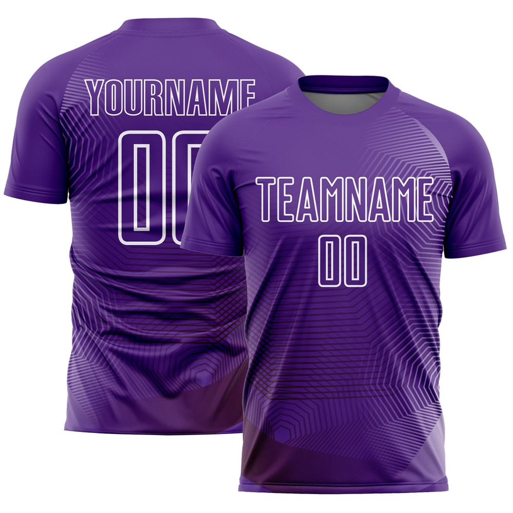 Purple White Geometric Lines Sublimation Soccer Uniform Jersey, Custom Team Soccer Jersey Shirt