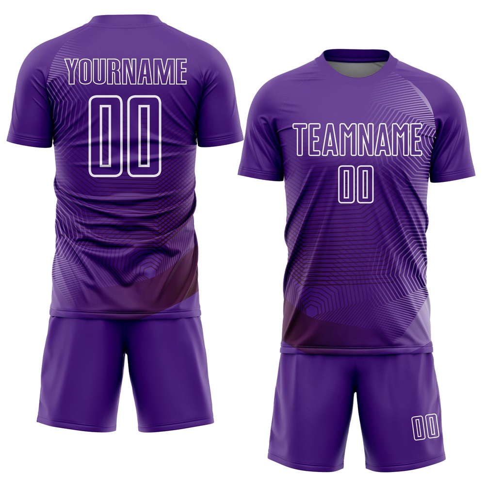 Purple White Geometric Lines Sublimation Soccer Uniform Jersey, Custom Team Soccer Jersey Shirt