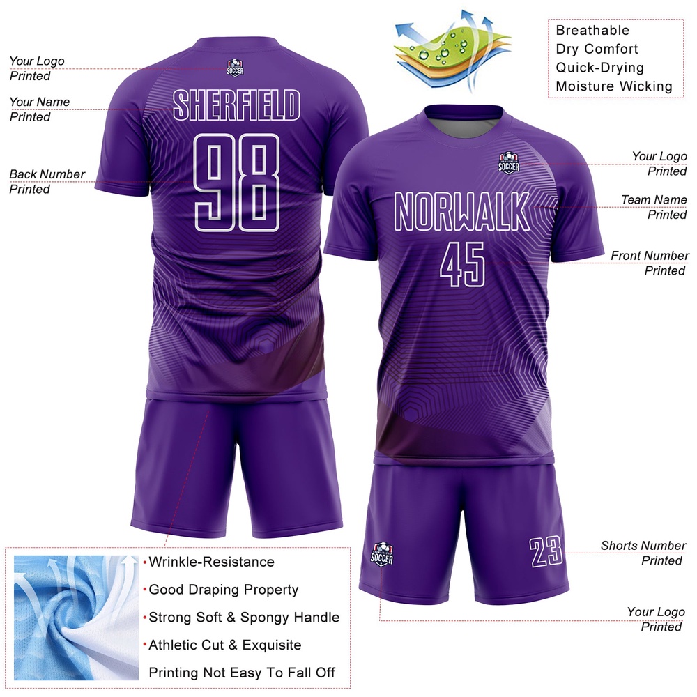 Purple White Geometric Lines Sublimation Soccer Uniform Jersey, Custom Team Soccer Jersey Shirt