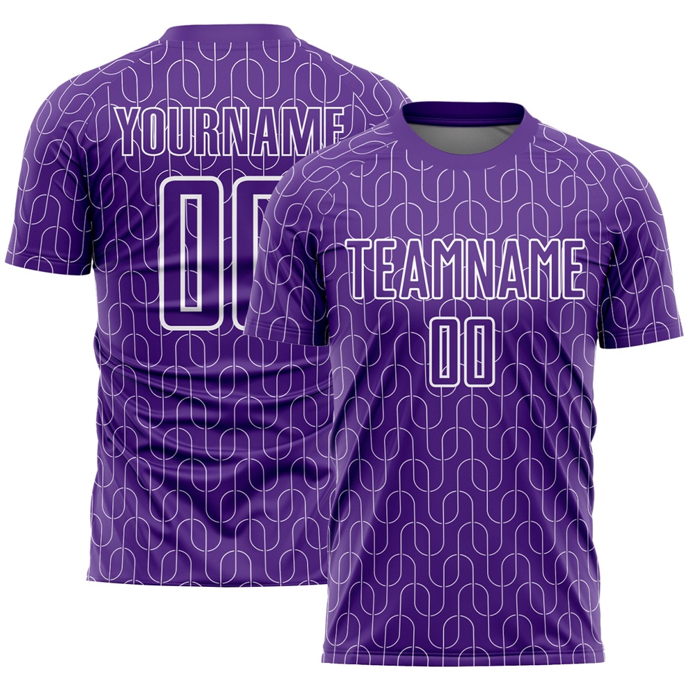 Purple White Geometric Pattern Sublimation Soccer Uniform Jersey, Custom Team Soccer Jersey Shirt