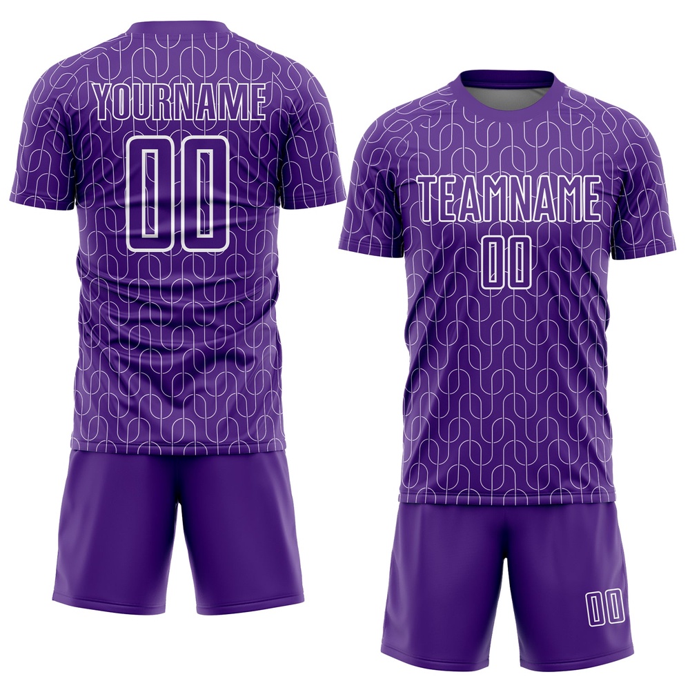 Purple White Geometric Pattern Sublimation Soccer Uniform Jersey, Custom Team Soccer Jersey Shirt