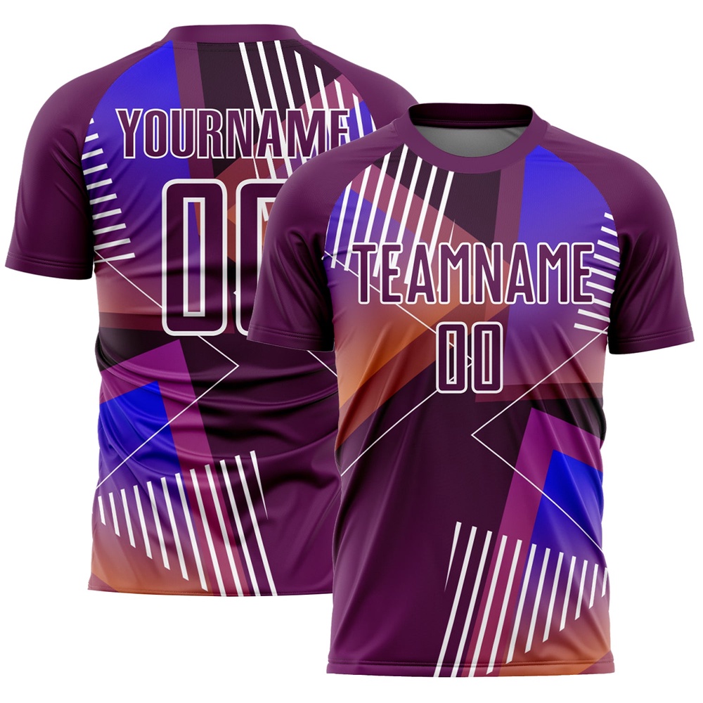 Purple White Geometric Shapes Sublimation Soccer Uniform Jersey, Custom Team Soccer Jersey Shirt