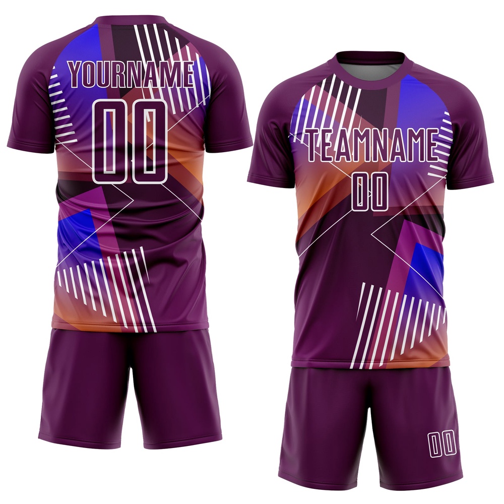 Purple White Geometric Shapes Sublimation Soccer Uniform Jersey, Custom Team Soccer Jersey Shirt