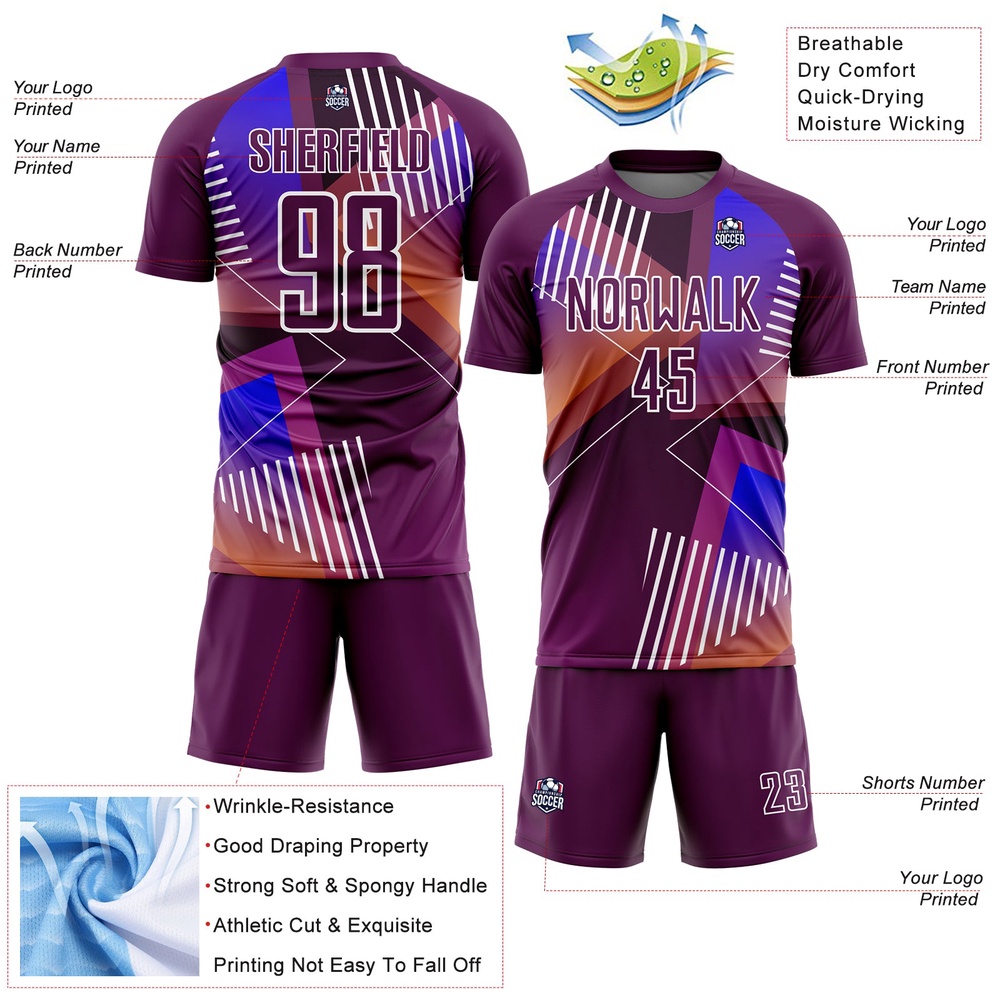 Purple White Geometric Shapes Sublimation Soccer Uniform Jersey, Custom Team Soccer Jersey Shirt