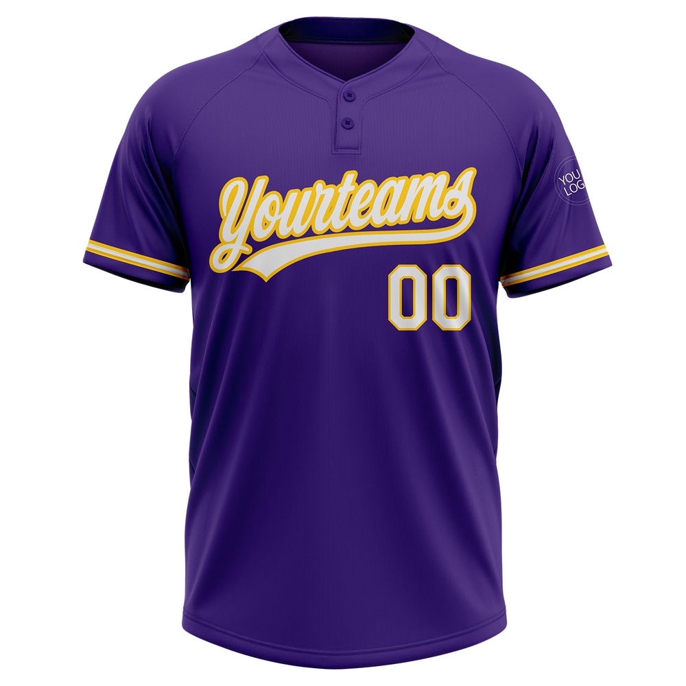 Purple White Gold Two Button Unisex Softball Jersey, Custom Team Softball Jersey