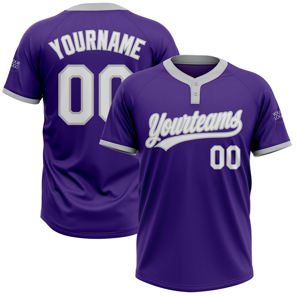 Purple White Gray Two Button Unisex Softball Jersey, Custom Team Softball Jersey