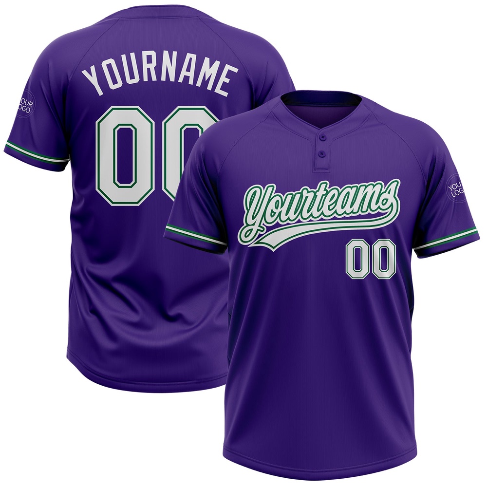 Purple White Kelly Green Two Button Unisex Softball Jersey, Custom Team Softball Jersey