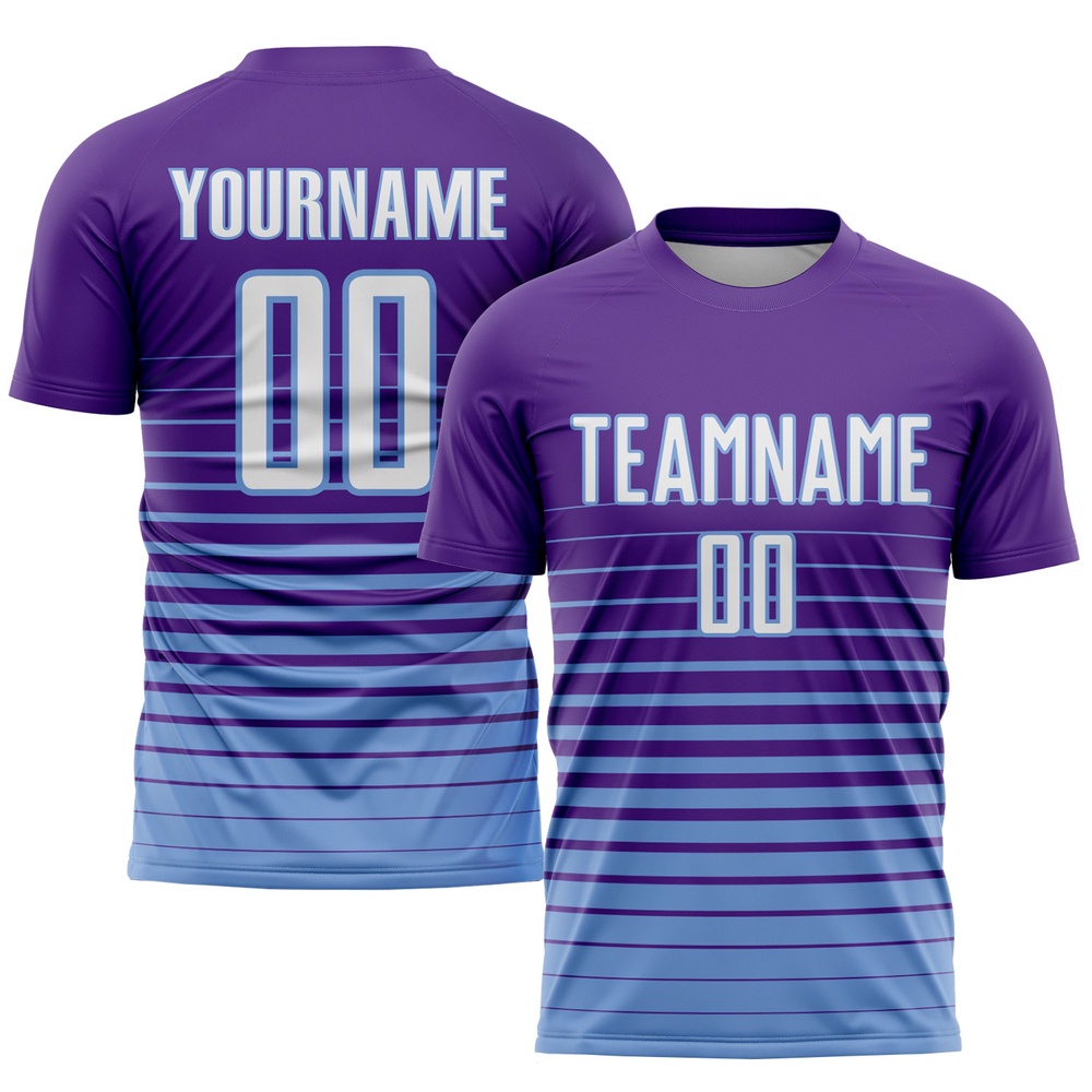 Purple White Light Blue Pinstripe Fade Fashion Sublimation Soccer Uniform Jersey, Custom Team Soccer Jersey Shirt