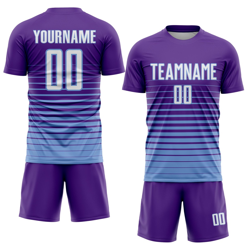 Purple White Light Blue Pinstripe Fade Fashion Sublimation Soccer Uniform Jersey, Custom Team Soccer Jersey Shirt